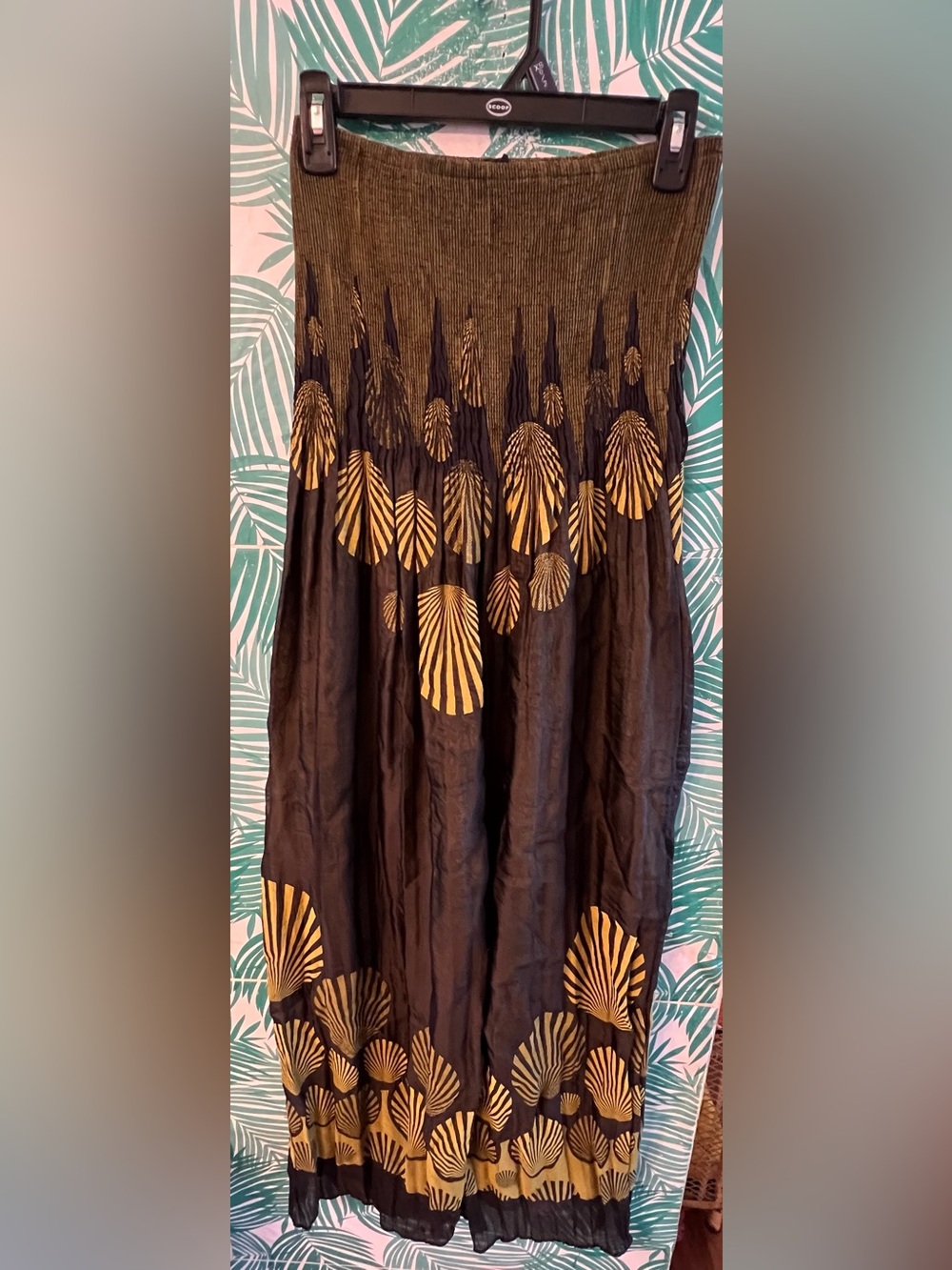 Lapis Gold Leaf-Print Black Strapless Romper: jumpsuit harem pants one size